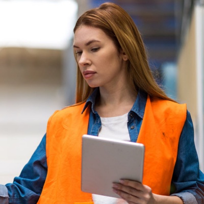 Woman with tablet in warehouse wearing safety vest.