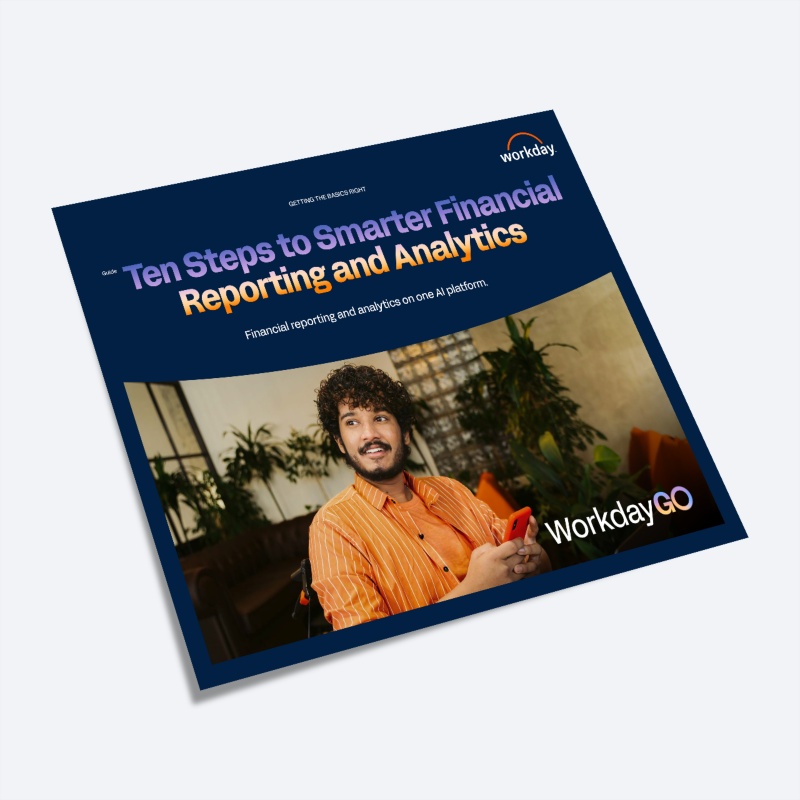 ݮƵ guide "Ten Steps to Smarter Financial Reporting and Analytics," with a photo of a person using their phone in an orange shirt.