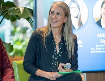 Carrie Varoquiers at a speaking engagement during Climate Week NYC. 