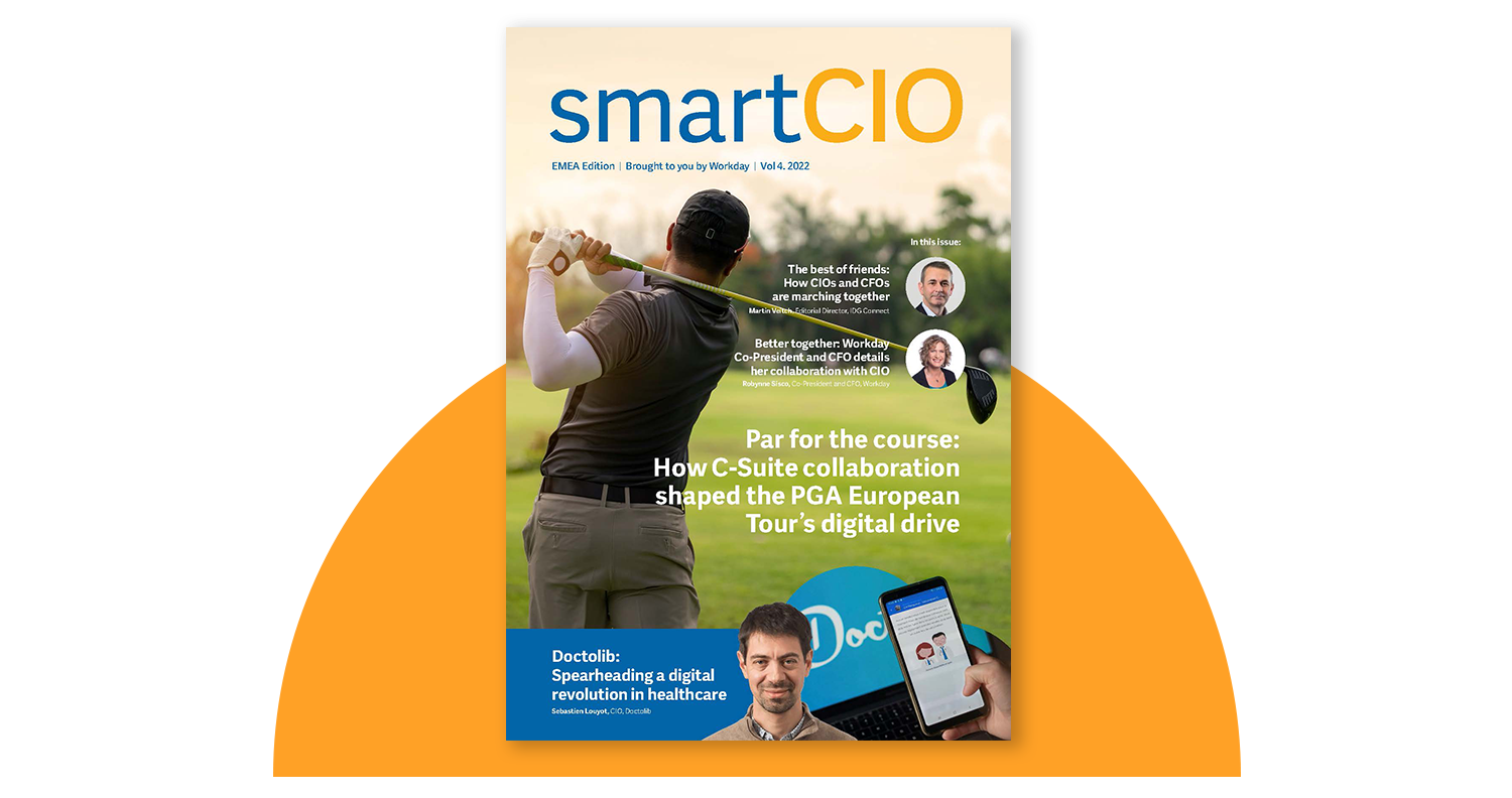 Illustration of three people looking at the latest edition of smartCIO magazine