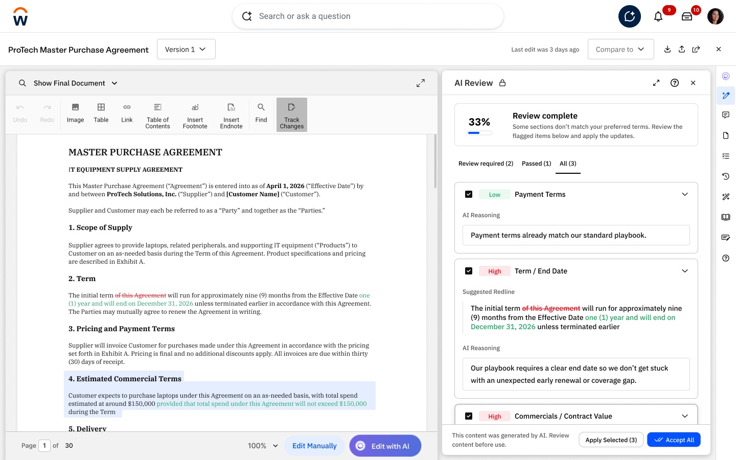 Product screenshot of Full Document Review and Redlining