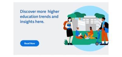 Workday illustration of people on a college campus with text that says: Discover more higher education trends and insights here.