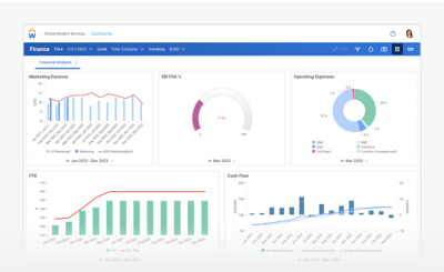 Screenshot of Workday Adaptive Planning software Financial Analysis dashboard.