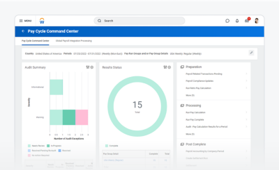 Pay cycle command center dashboard with graphs for audit summary, results status, and accounting summary.