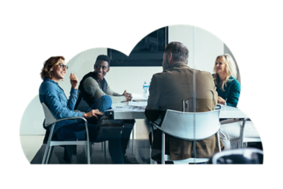 Four people around the table having a meeting.
