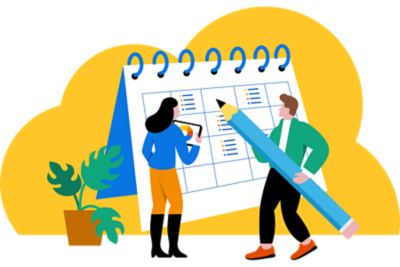 Two HR professionals collaborating while looking at a calendar.