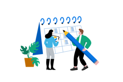 Two HR professionals collaborating while looking at a calendar.