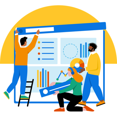 Mujer sentada y hombre con gráfico circular. 