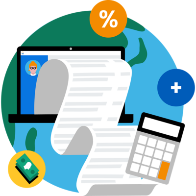 Laptop with payroll data over an image of the globe.