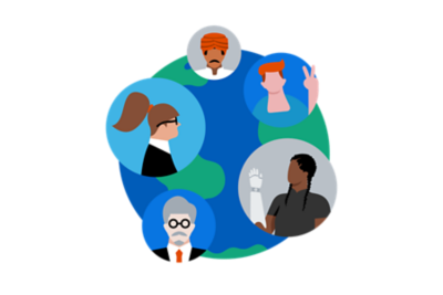 Illustration with people and a globe.