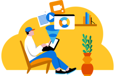 Man sitting with resources coming from laptop.