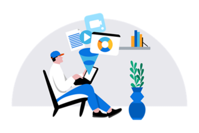 Man sitting with resources coming from laptop.