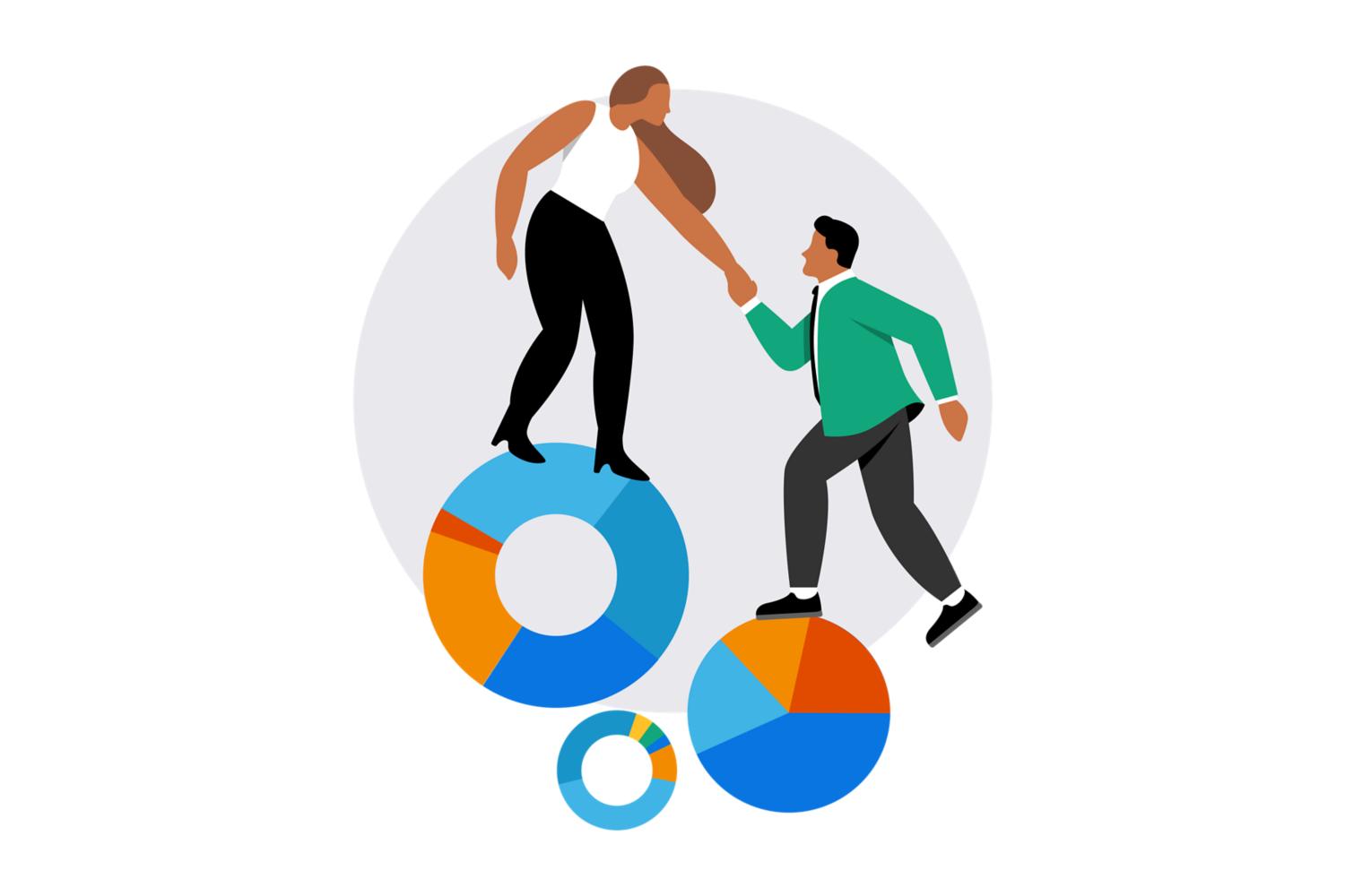 Two people climbing pie charts.