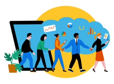 Ilustración de personas de la mano.