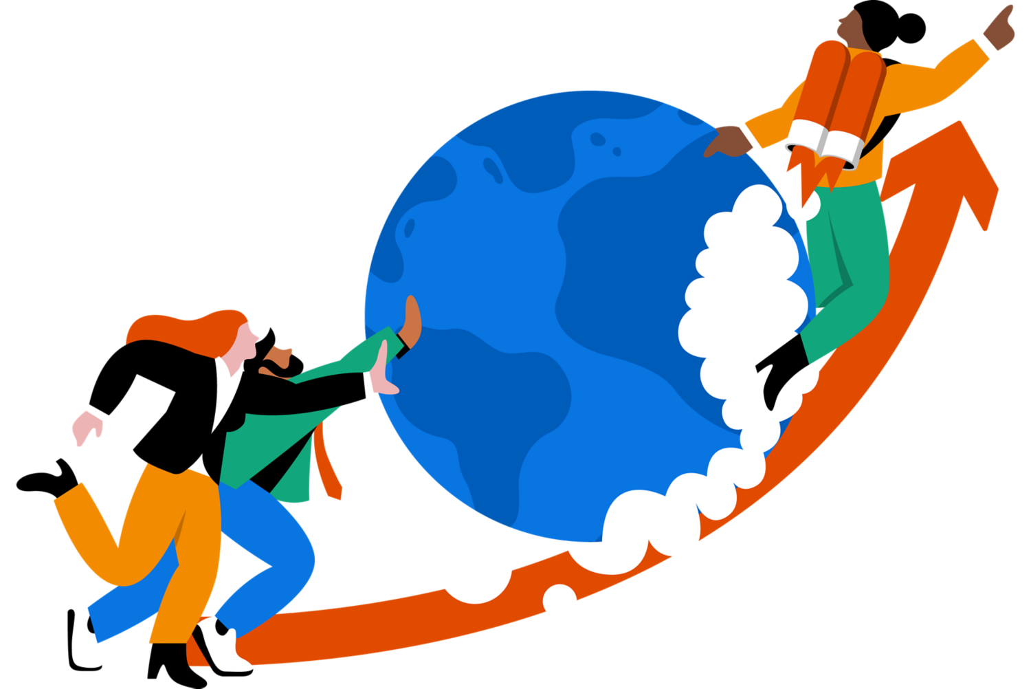People pushing a globe with a person on a rocket.