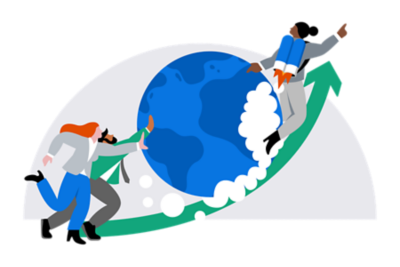 People pushing a globe with a person on a rocket.