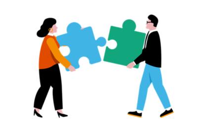 Two people putting two puzzle pieces together