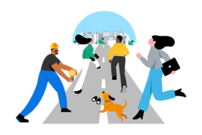 People walking towards city