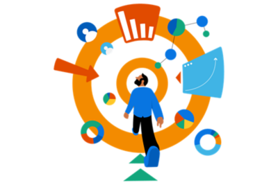 Hombre atravesando gráfico y datos.