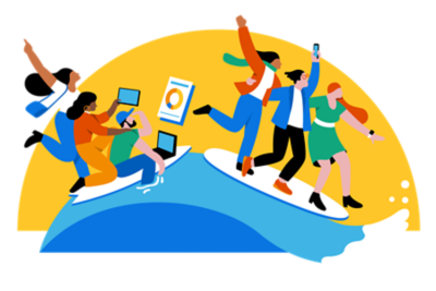 Six people riding a wave looking at devices.