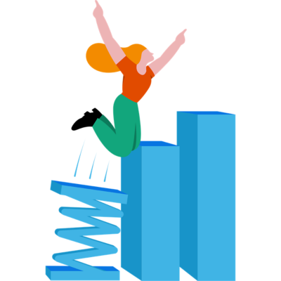 스프링보드 차트 위에서 점프하는 여성의 그림