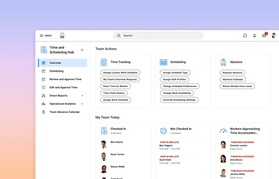 Time and absence dashboard showing time off balances and time analysis.