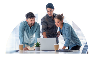 3 employees looking at a laptop screen