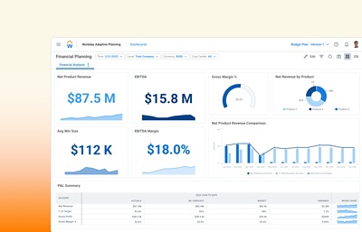 Screenshot of Analytics and Reporting Financial Analysis dashboard, showing data tables featuring Net Product Revenue, Average Win Size, Gross Margin, and more.