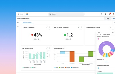 Desktop view of workforce analysis discovery board showing HR metrics such as percentage of females in leadership, age and gender distribution, and pay for performance. Mobile view of a Workday Core Reporting pie chart that shows revenue for top 10 customers.