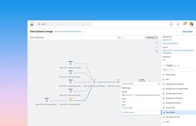 Screenshot featuring a Dataset Lineage chart in Workday Prism Analytics. 