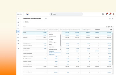 Workday’s Consolidated Income Statement dashboard that displays a detailed table of revenue, expenses, and profits for multiple business entities.