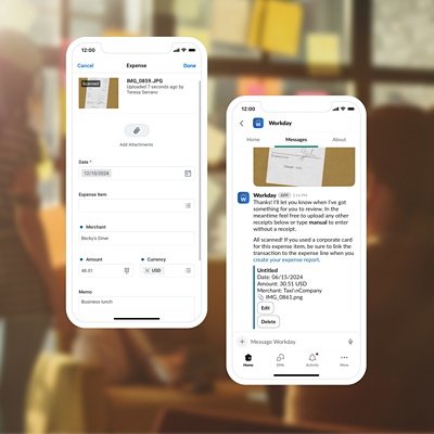 Two mobile phones showing screens confirming the scanning, uploading, and submission of a receipt for an expense transaction, within the Workday application.