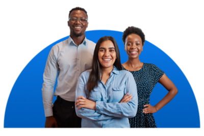 Group of people standing in front of a blue shape.
