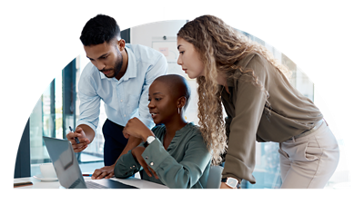 Group of people looking at a computer.