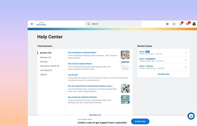Screenshot of Knowledge Case Management Help Center dashboard, displaying quick answers and recent cases.