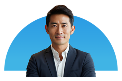 Man with blue shape behind him.