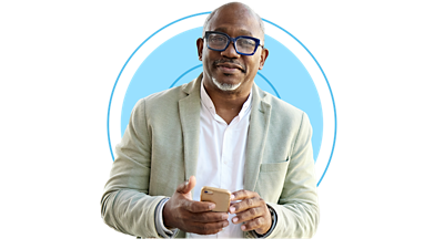 Image of man in front of a light blue shape.