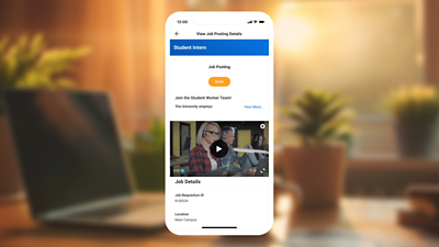 Screenshot showing a work-study job posting via the payroll and workforce management interface on mobile.