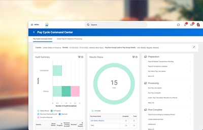 Pay cycle command center dashboard with graphs for audit summary, results status, and accounting summary