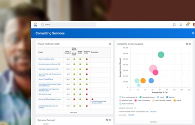 Screenshot des Beratungsservices-Dashboards mit dem Status des Projektportfolios und einem Streudiagramm zu einer Rechnungsanalyse für Beratungsservices