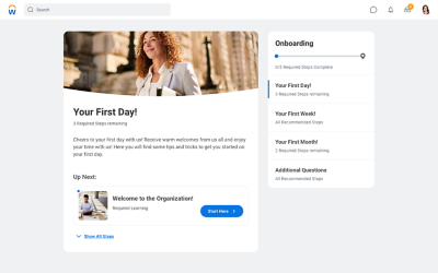 Screenshot from Workday's Onboarding Plan welcoming the new employees on their first day.