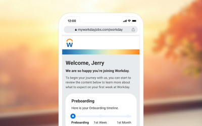 Mobile screenshot from Workday's Onboarding Plan showing a welcome preboarding screen for a new employee.