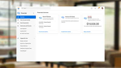 Financial Aid dashboard showing student financials overview.
