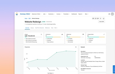 Dashboard displaying overview of statement of work that easily tracks projects against key areas, such as project milestones, completion status and payments made.