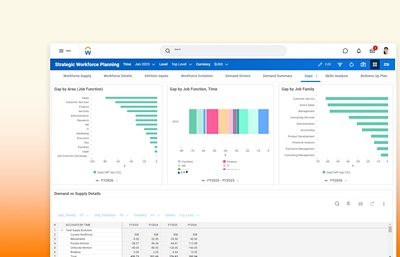 Dashboard di pianificazione strategica della forza lavoro nel software Workday Adaptive Planning.