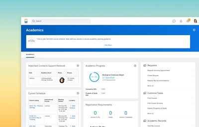 Academics dashboard showing support network contacts, schedule, progress, and registration requirements.