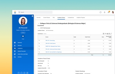 Student profile dashboard showing academic history.