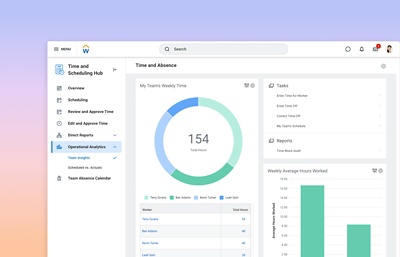 Screenshot of Time and Scheduling Hub dashboard, displaying operational analytics team insights data.