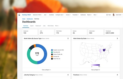Desktop view of Workday VNDLY vendor management system dashboard summary page.