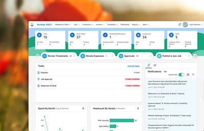 Desktopweergave van de homepage van het Workday VNDLY-vendormanagementsysteem.